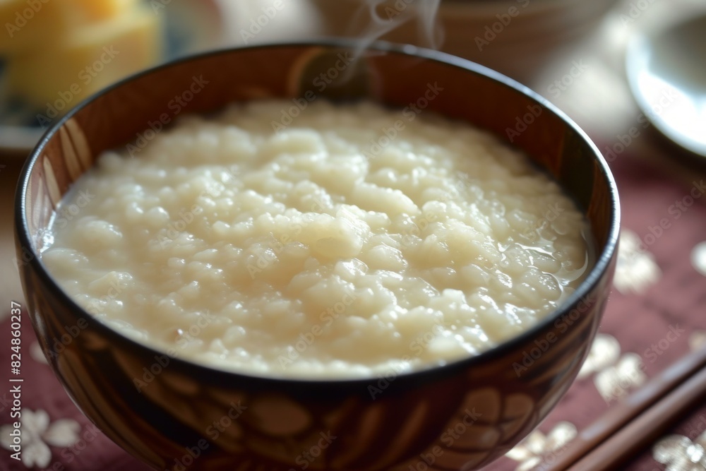 Close-up of a bowl of hot, steamy rice porridge on a wooden tray
