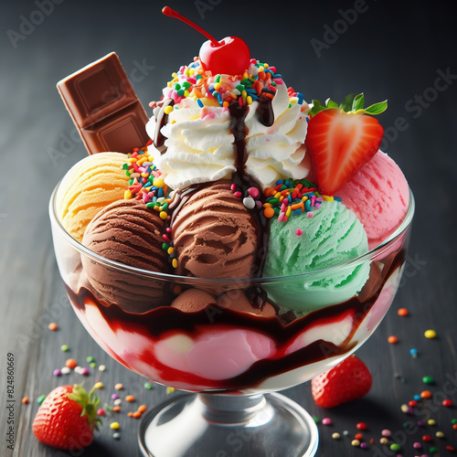 il gelato in coppa più colorato e delizioso del mondo su sfondo scuro con frutta, panna, cioccolato e confetti photo