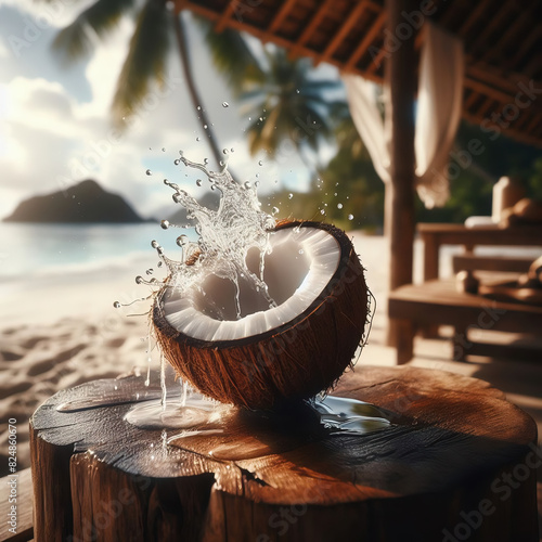 esplosione di acqua di cocco tagliato a metà con gocce che si disperdono sospese in aria su sfondo di chalet su paesaggio tropicale paradisiaco al tramonto photo