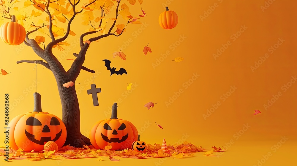 Whimsical Halloween pumpkins and tree with tombstone on bright yellow banner