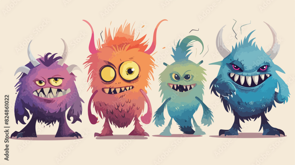 Fluffy monsters. Funny trendy monster creatures masco