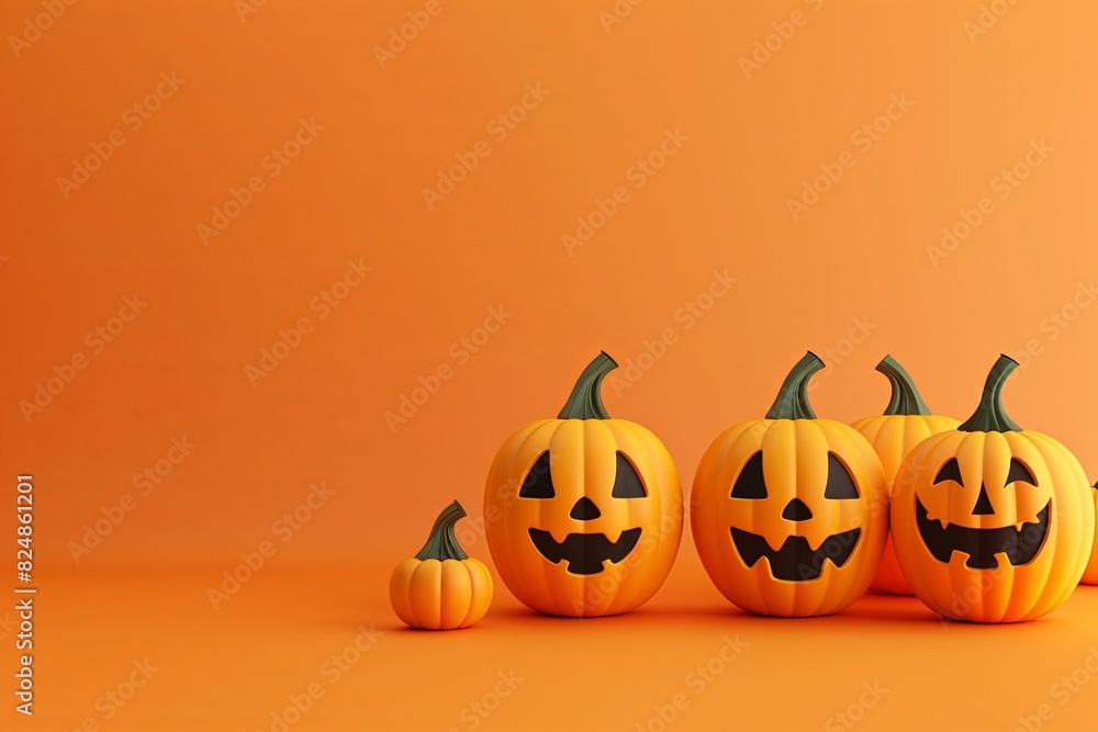 Adorable Halloween pumpkins on vivid orange backdrop. Minimalist 3D rendering Adorable Halloween pumpkins on vivid orange backdrop. Minimalist 3D rendering