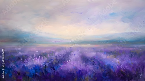 Lavender Field at Dusk Impressionistic Landscape Painting in Soft Purples and Blues