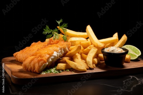 fish and chips dish at minimal kitchen. Homemade or takeaway food. Traditional typical British meal