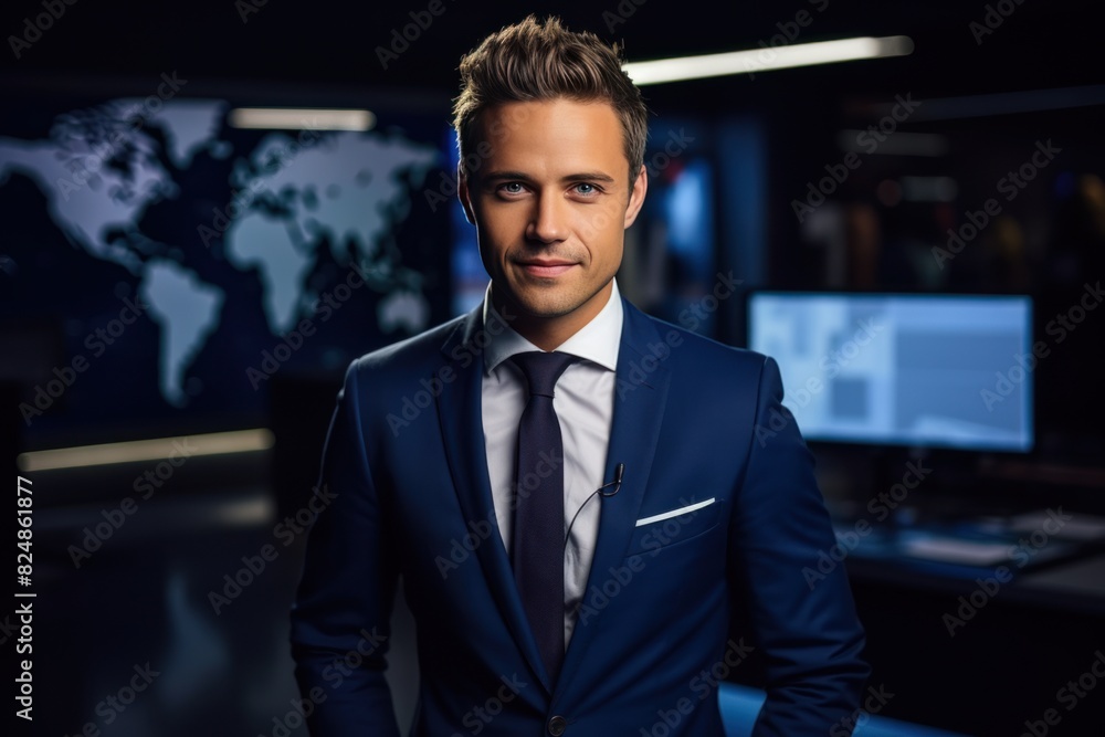 a young attractive man in a business suit against the background of a world map on the big screen. Concept for presentations, television, radio broadcasting and news and weather coverage a young attractive man in a business suit against the background of a world map on the big screen. Concept for presentations, television, radio broadcasting and news and weather coverage