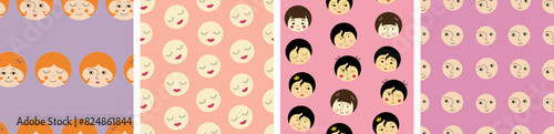Set of four patterns, pretty girlish faces. Repeatable texture, multipurpose use, female portrait, abstract colorful background design.