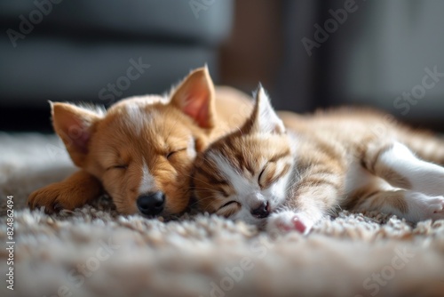 A kitten and a puppy sleep together on a carpet. The domestic setting emphasises their relaxed and cozy interaction. Horizontal. Space for copy.