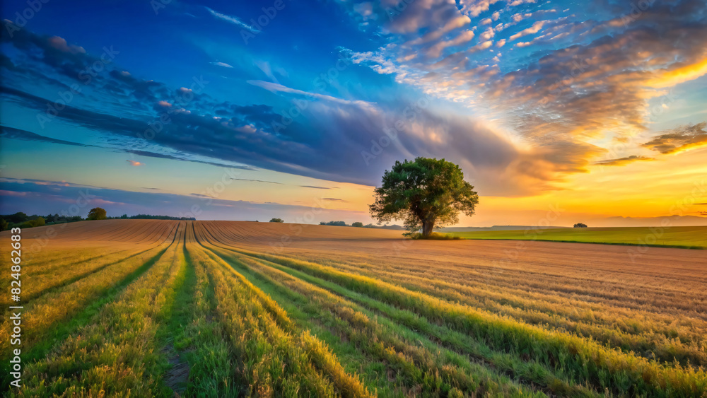 Beautiful summer sunset paints the sky with vibrant colors over a vast green field  landscape