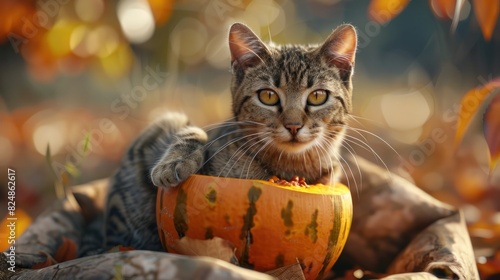 Autumn Afternoon Delight Tabby Cat Finds Comfort in a Split Persimmon photo