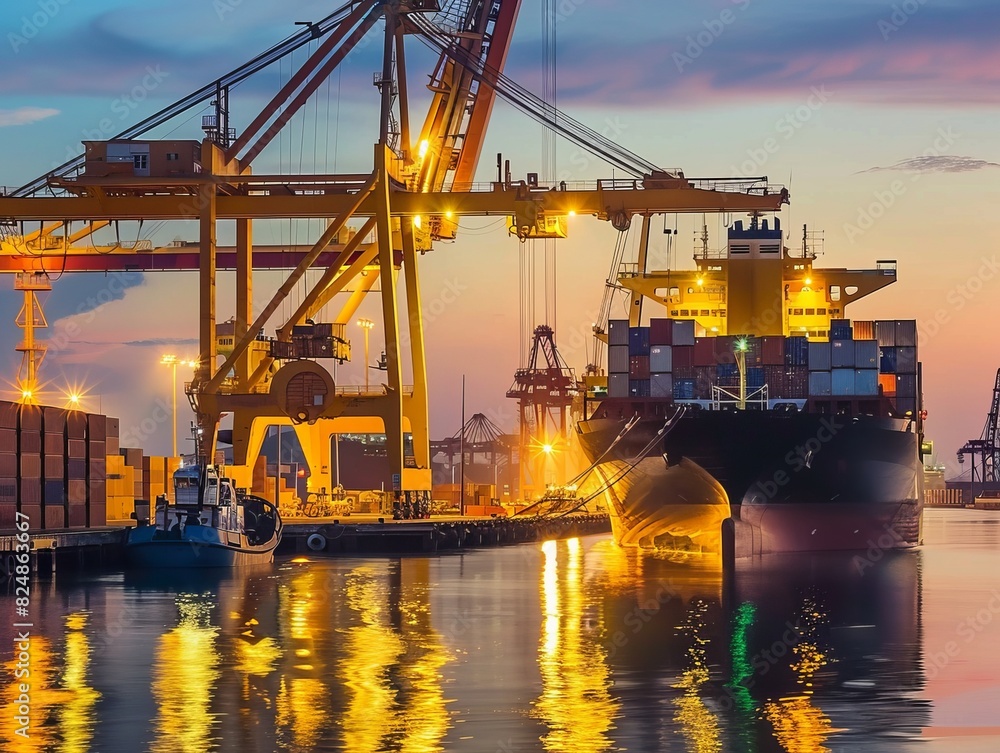 Dusk Operations: Container Cargo Freight Ship in Shipyard with Working Crane Bridge Dusk Operations: Container Cargo Freight Ship in Shipyard with Working Crane Bridge