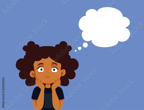 Little Girl Daydreaming Feeling Cheerful vector Cartoon. Child feeling thoughtful dreaming of something 
