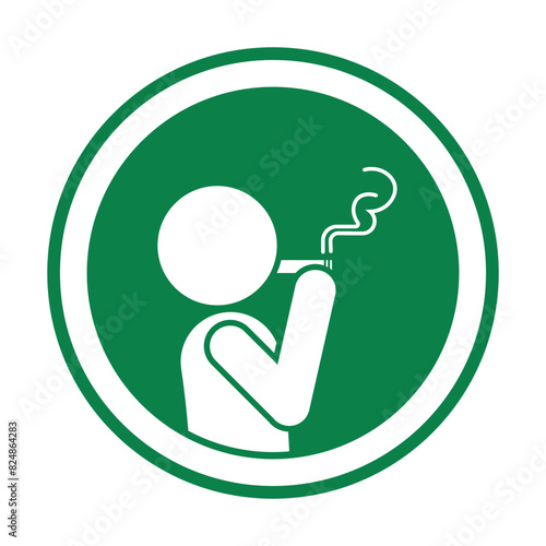 Isolated green minimal smoking area label, with pictogram man smoking cigarette tobacco with smokes