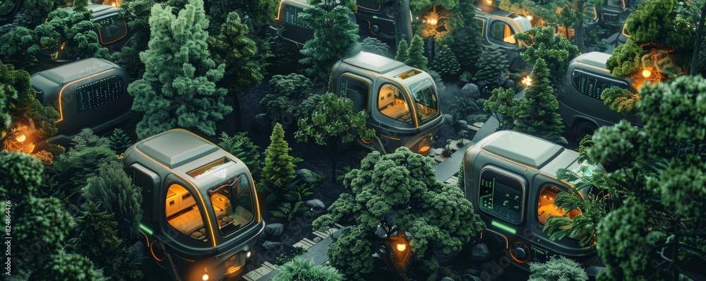 Aerial view of a hightech camping area with EV cars, smart campsites, and interactive digital interfaces in nature Aerial view of a hightech camping area with EV cars, smart campsites, and interactive digital interfaces in nature
