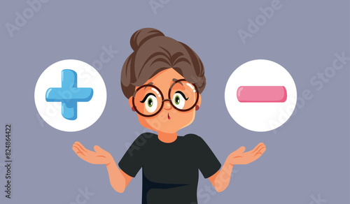Elderly Woman Comparing Pro and Con Arguments Vector Cartoon. Granny feeling puzzled deciding between her two options 
