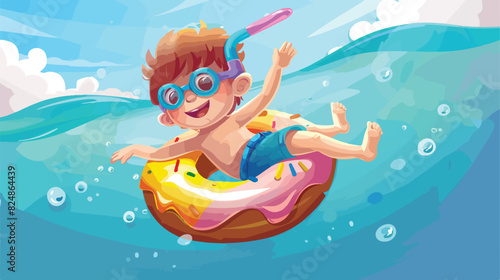 Funny kid in flippers. Diving kid on floating donut C