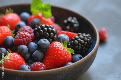 Close-up of ripe strawberries  blueberries  blackberries  and raspberries in a wooden bowl