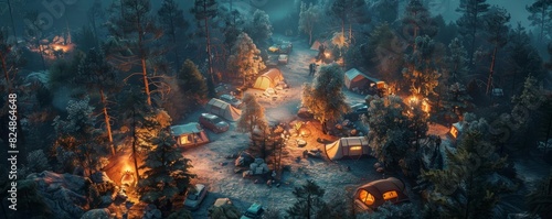 Aerial view of a hightech camping area with EV cars, smart campsites, and interactive digital interfaces in nature photo