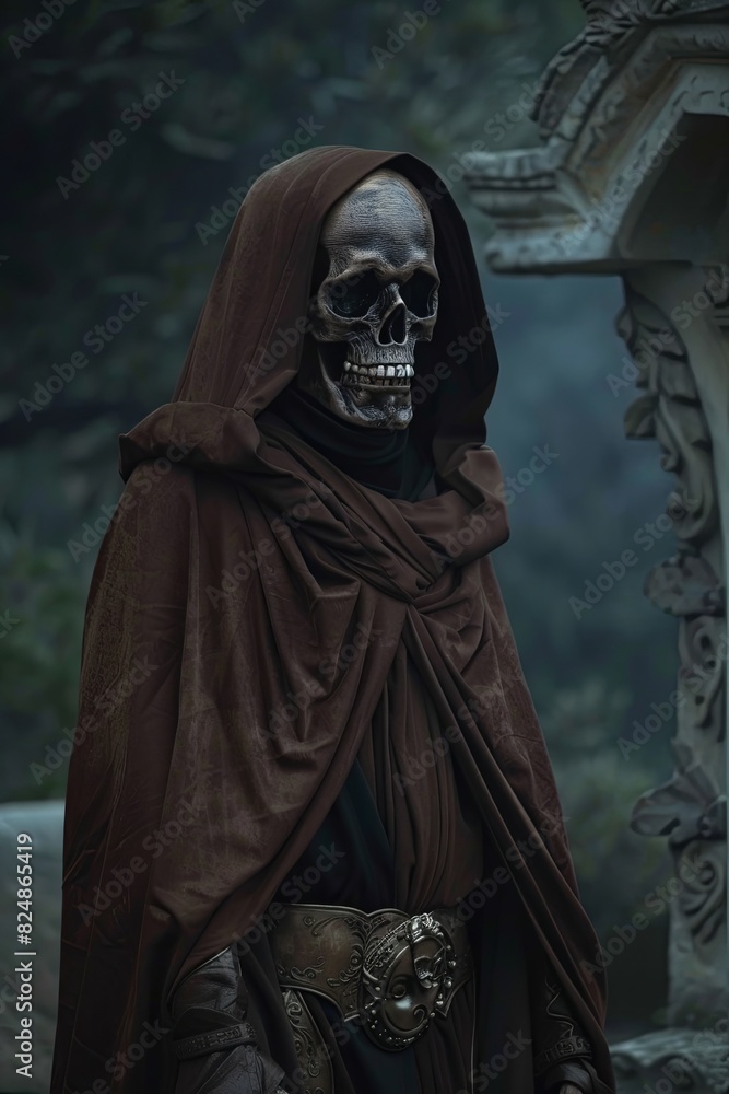 Sinister skeleton robed in a ragged brown cloak amidst misty graveyard shadows Sinister skeleton robed in a ragged brown cloak amidst misty graveyard shadows