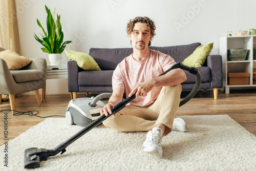 A handsome man in cozy homewear sits on the floor with a vacuum. photo