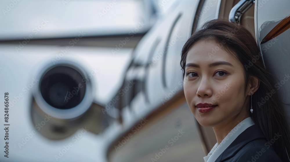 Asian female manager near business jet Asian female manager near business jet