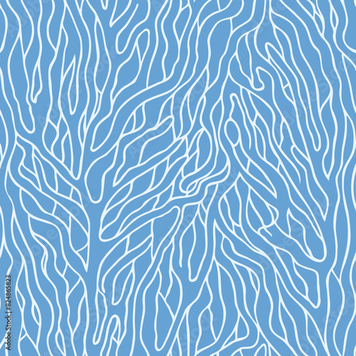 Minimalist seamless vector illustration of coral reef, blue underwater ocean, save planet and nature theme backdrop for card, fabric, banner decoration