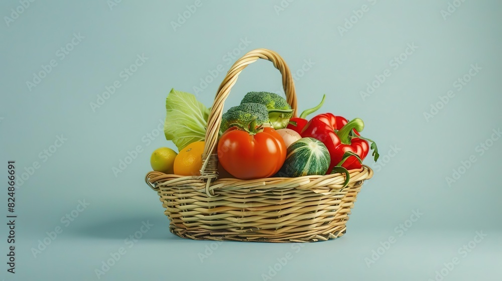 A wicker basket filled with fresh vegetables on a blue background. A wicker basket filled with fresh vegetables on a blue background.