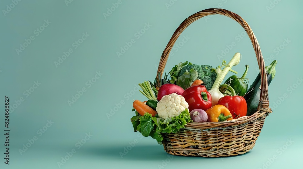 A wicker basket filled with fresh vegetables on a blue background. A wicker basket filled with fresh vegetables on a blue background.