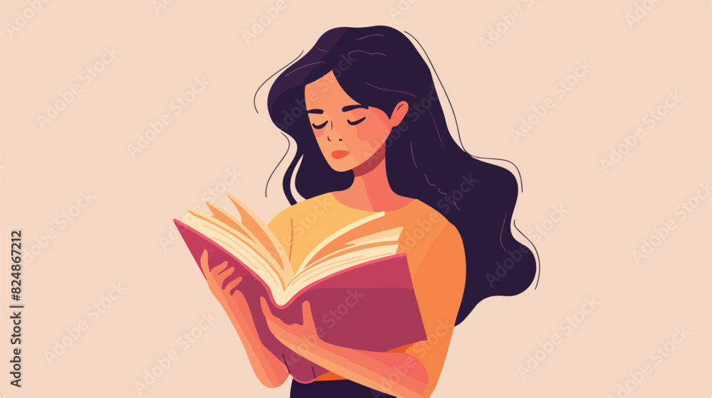 Girl is holding an open book in her hands. Young woma