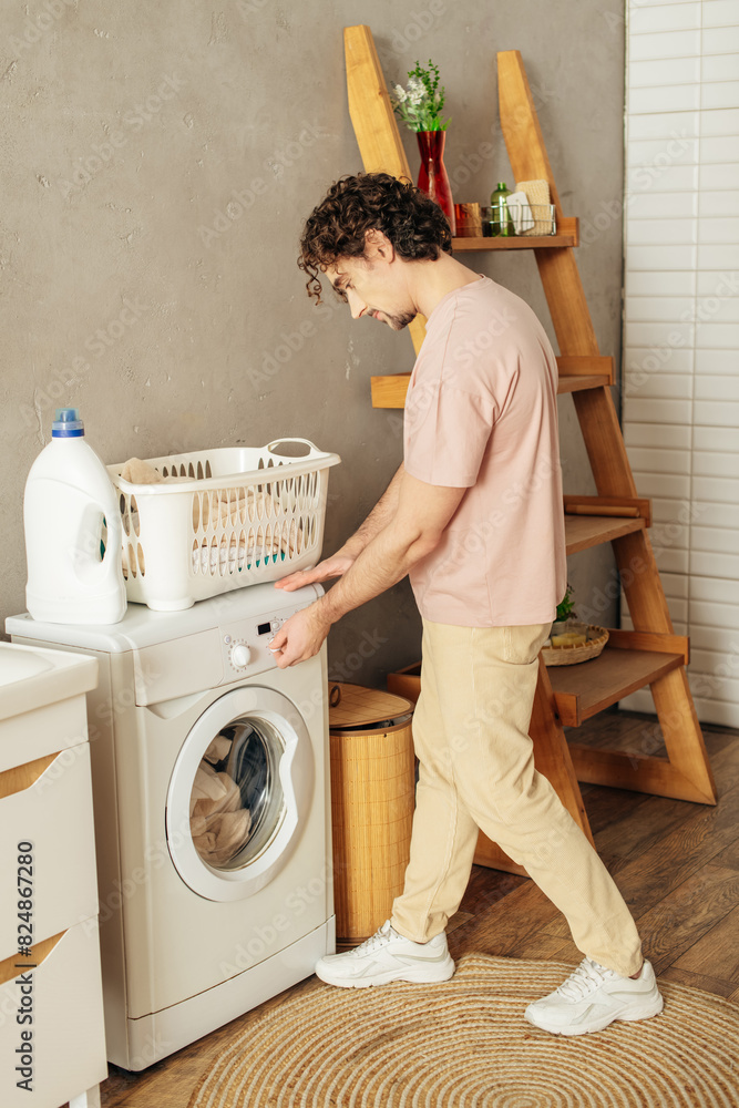 A man in cozy homewear loading a washing machine. A man in cozy homewear loading a washing machine.