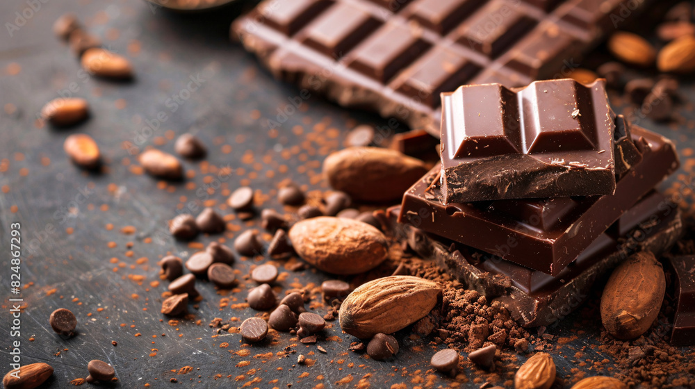 Dark chocolate with cocoa and almonds. Delicious dark chocolate, cocoa powder, and almonds on a dark background, perfect for food photography projects. Dark chocolate with cocoa and almonds. Delicious dark chocolate, cocoa powder, and almonds on a dark background, perfect for food photography projects.