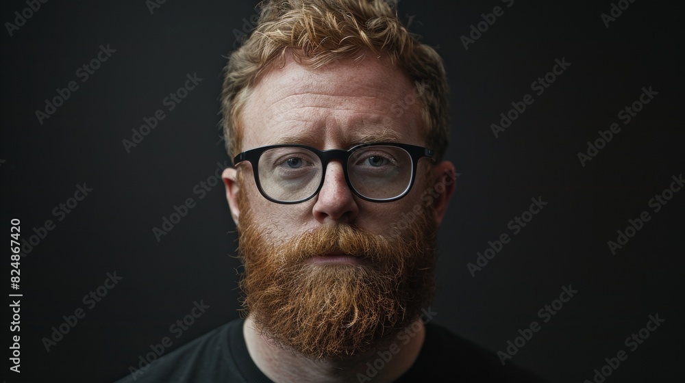Portrait of handsome bearded ginger man standing, isolated on black background with lots of copy space Portrait of handsome bearded ginger man standing, isolated on black background with lots of copy space
