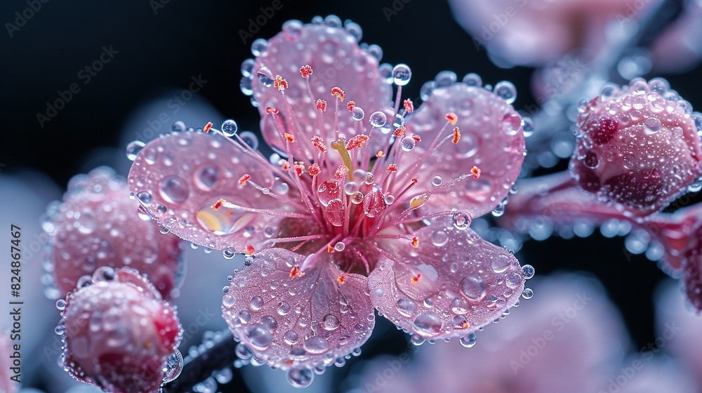 A close-up of a pink flower with droplets of water on its petals and a clear center A close-up of a pink flower with droplets of water on its petals and a clear center