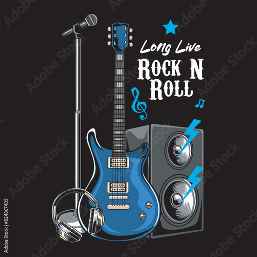 Long Live Rock and Roll slogan with Blue Electric Guitar, Microphone, Headphone, and Audio Speaker Vector Illustration for T-Shirt Apparel	