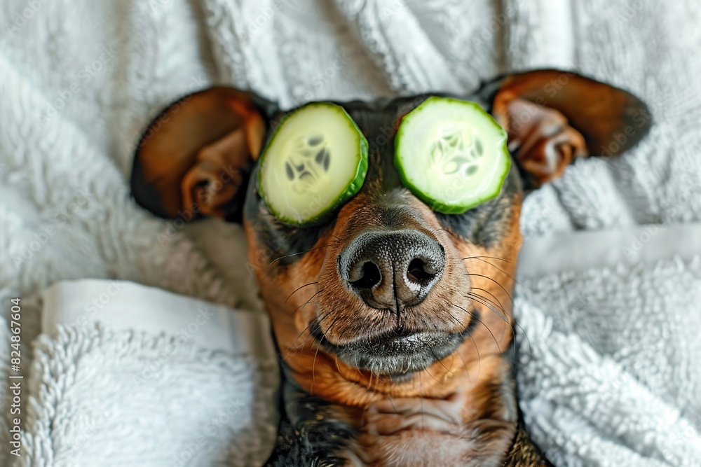 Obraz premium Black and tan dachshund dog in wellness spa with cucumber on eyes, covered with a towel. Dog with with a piece of cucumber on it eyes relaxing on the bed at home. Top down view. Empty space for text