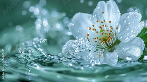   A white flower with water droplets on its surface against a green background