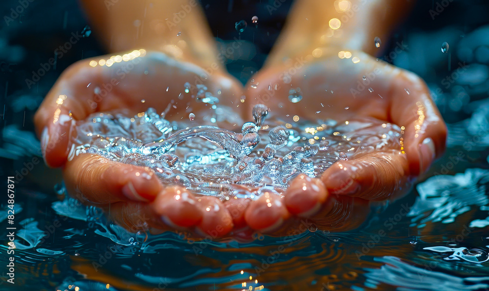 Fototapeta premium Protecting Nature's Precious Resource: Cupped Hands Cradling Crystal Clear Water Droplets, Celebrating Conservation and Environmental Awareness