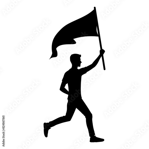 Silhouette of a man holding a waving flag. Vector illustration