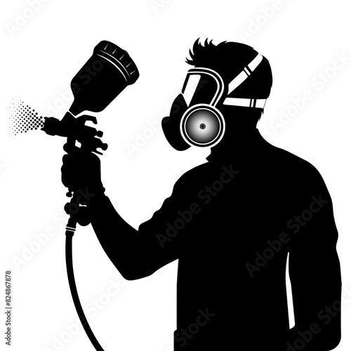 Silhouette of a painter with spray gun and protective wear. vector illustration