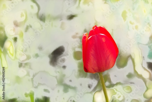 Bright red tulip flower on an abstract greenish background.                           