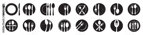 Fork, spoon, knife and plate. Menu symbol. Tableware instruments. Restaurant icon. Food, plate, fork, knife, spoon, cutlery icon set.
