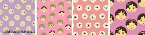 Four seamless patterns pack, cutely girlish faces. Surface design for branding, female guise, repeating background.