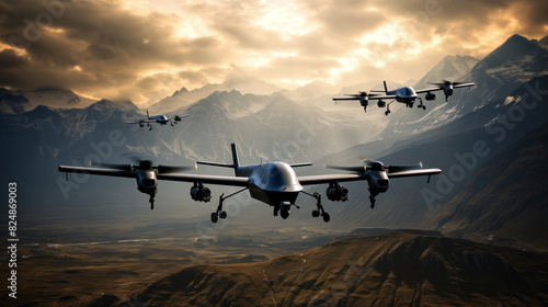 Military kamikaze drone squadron flying over mountain range at sunset photo