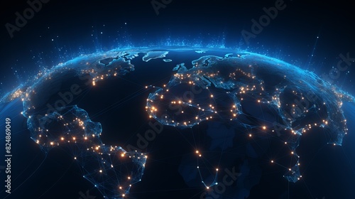 Global network background with digital earth map  connected lines  and glowing nodes representing worldwide communication and data exchange.  