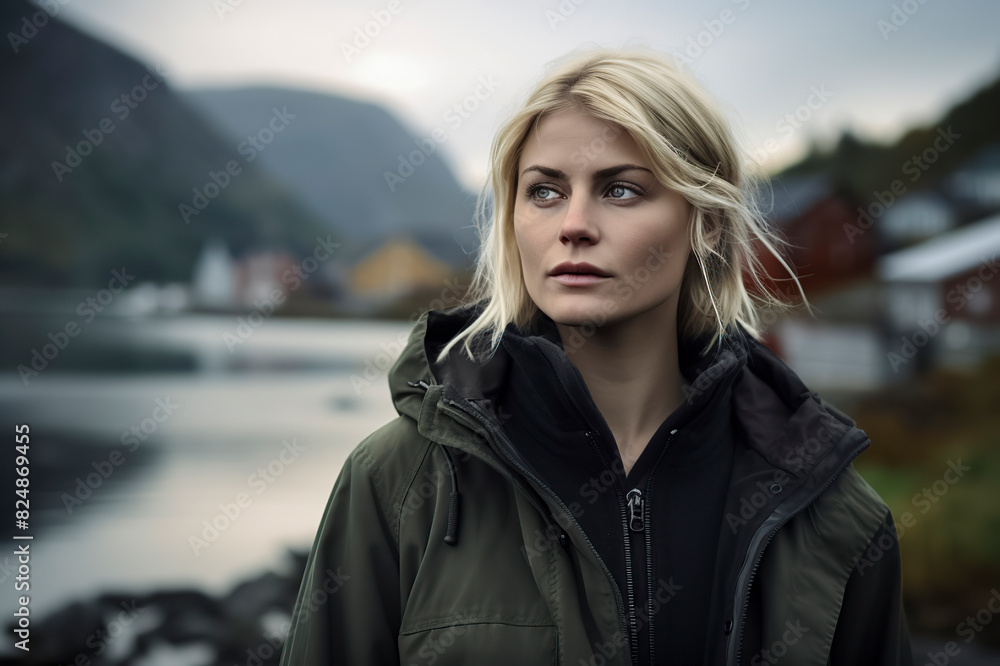 Fototapeta premium A woman wearing a green coat stands in front of a lake. She looks out at the water, and the scene is peaceful and serene
