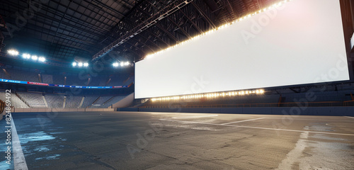 Realistic 3D render of a sports arena with a large blank billboard for sponsor ads, enhanced by a light border. photo
