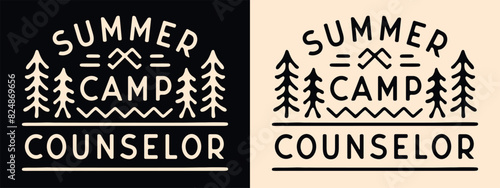 Summer camp counselor badge shirt design camping emblem logo. Forest lake retro vintage aesthetic illustration for trip scout animator coordinator leader teacher print vector.