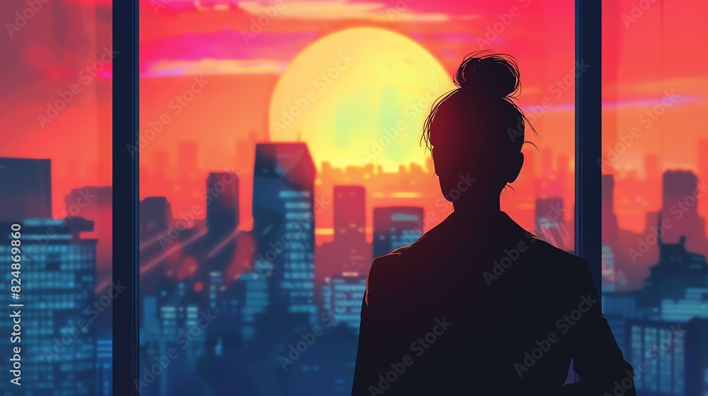 Silhouette of a person looking at a vibrant sunset over a cityscape through a window, creating a reflective and serene atmosphere. Silhouette of a person looking at a vibrant sunset over a cityscape through a window, creating a reflective and serene atmosphere.