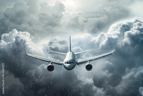 Commercial Airplane Flying Through Rainy Cloudy Sky in Dramatic Weather Conditions photo