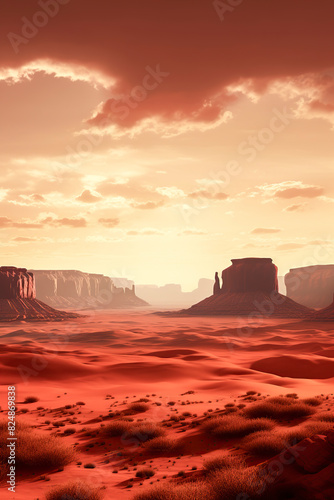 A serene, red-toned desert landscape with towering rock formations under a dramatic, cloud-filled sky at sunset