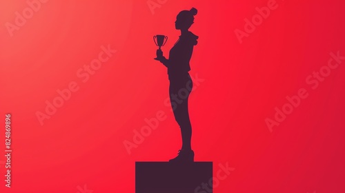 Silhouette of a person standing on a podium holding a trophy against a red background, symbolizing victory and achievement. photo